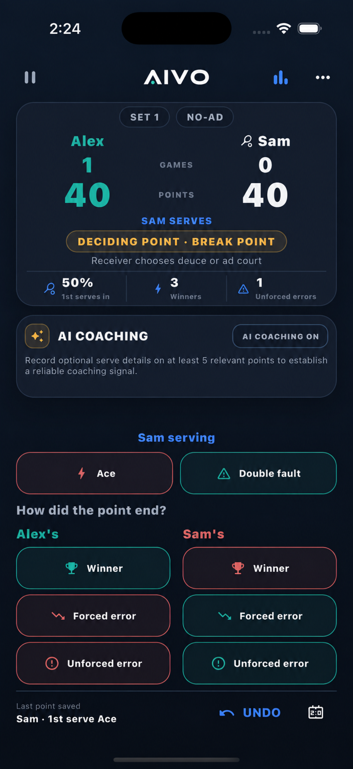 AIVO live tennis match capture screen
